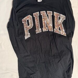PINK- Bling Black Long Sleeve with silver Sequin Logo